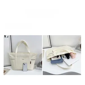 Detail view of large canvas tote bag with multi-pocket design and high capacity interior