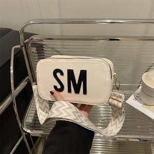 Trendy PU Leather Crossbody Bag For Women Wide Geometric Strap Letter Print Small Square Shoulder Bag Casual Fashion Handbag