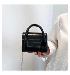 Close-up of black mini crocodile pattern handbag with elegant silver chain strap