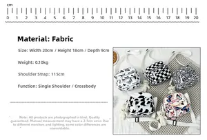 Detailed view of floral canvas shell bag with measurements and five print patterns