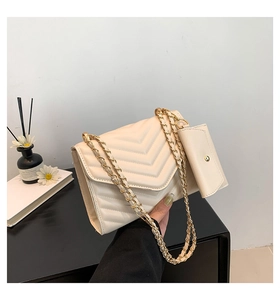 Detailed close-up of a beige V-quilted crossbody bag with a gold chain and coin pouch