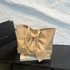 Chic beige bow tote bag with large capacity for women's office and daily commuting