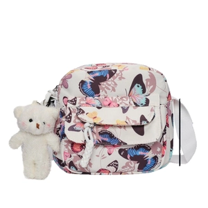 Borsa a conchiglia in tela da donna con stampa a farfalla e ciondolo orsetto peluche