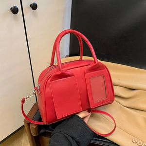 Korean Style PU Leather Boston Bag For Women Retro Simple Shoulder Crossbody Handbag With Transparent Card Slot Fashion Daily Bag