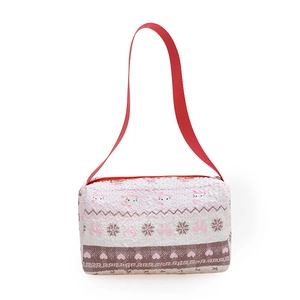 Neceser de maquillaje acolchado con flores y asa roja con lindo patrón de gato