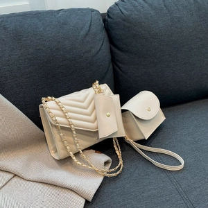 Quilted beige three-piece shoulder bag set with gold chain and matching coin purse
