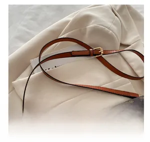 Detail of adjustable brown leather strap and golden buckle on retro crossbody bag