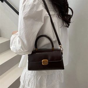 Retro dark brown crossbody square bag with gold lock buckle and top handle for women
