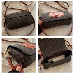 Detailed views of vintage monogram crossbody bag with leather G logo and adjustable strap