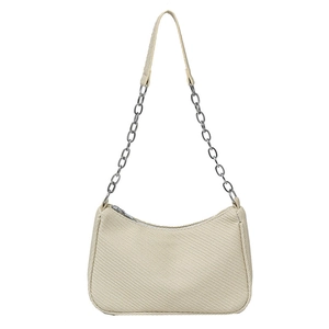 Beige woven texture baguette bag with silver chain strap for women, minimalist style
