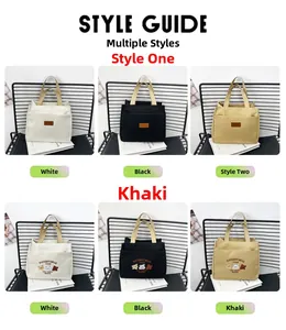Detail view of canvas tote bag styles featuring leather labels and cute bear embroidery