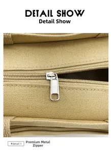 Detail show of durable khaki canvas texture and premium silver metal zipper hardware
