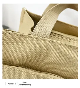Detailed macro view of khaki canvas tote bag showing fine stitching and woven texture
