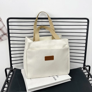 Women Canvas Tote Bag Large Capacity Shoulder Handbag Polyester Lining Leather Label Retro Casual Daily Korean Style