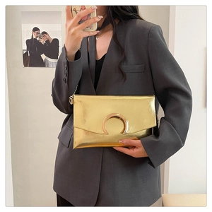 Chic gold mirror patent leather envelope bag with chain strap and metal buckle