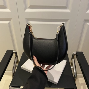 Women Crescent Shoulder Bag PU Litchi Leather Half Moon Underarm Purse Gold Hardware Zipper Retro Small Hobo Handbag