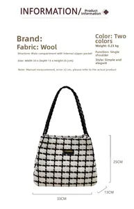 Detailed size specifications for large black and white plaid tote bag with fashion label