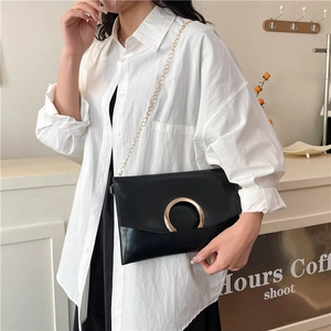 Classic black PU leather envelope crossbody bag with gold chain and C-shaped metal buckle