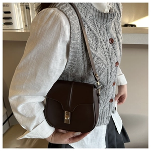 Detail of a dark brown leather saddle bag featuring a golden rectangular metal clasp closure