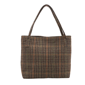 Classic houndstooth tote bag in brown wool fabric with large capacity for commuting