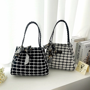 Fashion checkered tweed tote bag with woven handles and decorative scarf for women