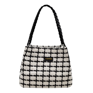 Large capacity black and white plaid canvas tote bag with woven handles for daily commute