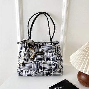 Women's Fashion Geometric Striped Tote Bag Large Capacity Canvas Shoulder Bag With Scarf Decoration Woven Handle Handbag