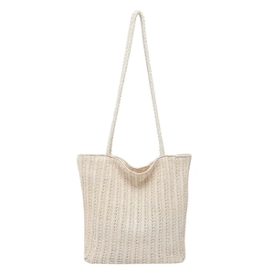Minimalist cream woven straw tote bag with vertical stripes for 2025 summer beach fashion