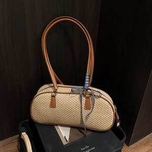 Women's Straw Woven Underarm Shoulder Bag Vintage Baguette Handbag With Bear Charm Bow Ribbon Summer Beach Daily Bag