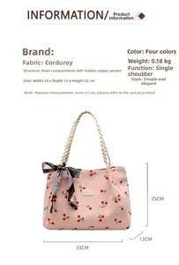 Pink corduroy tote bag with cherry patterns and woven handles, size 33x13x25cm