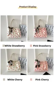 Detailed comparison of corduroy tote bags with strawberry and cherry prints and scarves