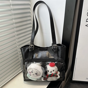 Black PU leather ita-bag tote with adjustable strap and transparent display window for dolls
