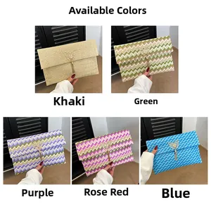 Straw envelope clutch bags in five colors with butterfly clasps and tassel details