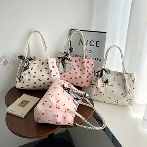 Corduroy tote bags with cherry and strawberry prints and woven rope handles for women