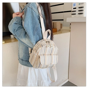 Detailed back view of a Japanese-style striped canvas backpack with two zippers