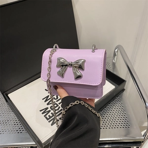 Women Mini Square Chain Shoulder Bag Metal Bow Decoration PU Leather Small Crossbody Bag Fashion Trendy Evening Bag