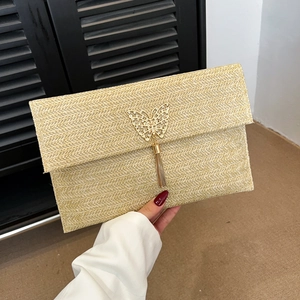 Women Straw Woven Envelope Clutch Bag With Metal Butterfly Rhinestone Tassel Summer Vacation Fashion