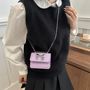 Lavender mini square chain bag with silver metal bow and shoulder strap for women
