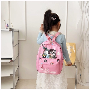 Vista posteriore dello zainetto rosa per bambini con disegni e spallacci regolabili