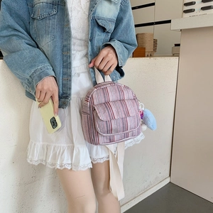 Japanese style mini striped canvas backpack with heart plush charm for daily casual wear