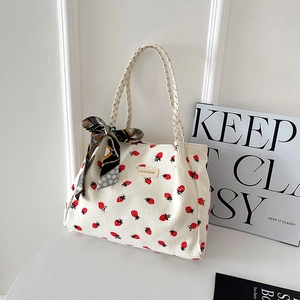 Women Corduroy Tote Bag Strawberry Cherry Print Braided Rope Handle With Scarf Sweet Casual Shoulder Handbag