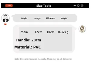 Größentabelle für transparente PVC-Tragetasche mit Maßen 32x25x10cm und 0,32kg Gewicht