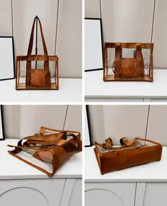 Detailansichten einer transparenten PVC-Tasche mit braunem Lederbesatz und Innentasche