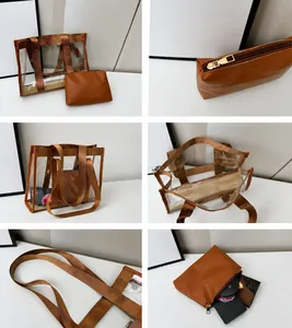 Detailansicht der transparenten PVC-Tasche mit brauner Innentasche und Webgriffen