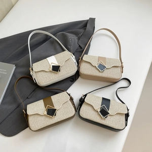Sacs bandoulière mode en paille patchwork de couleurs blanc, abricot, marron et noir