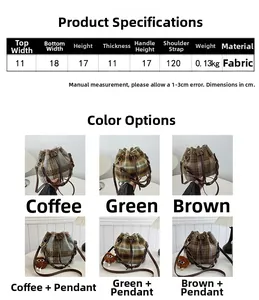 Size chart and color display for plaid wool bucket bag with dimensions and strap length