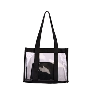 Clear PVC tote bag with black strap and removable dolphin print inner pouch