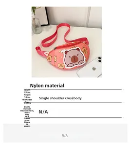 Pink nylon kids chest bag featuring cartoon capybara print and 23x14x7cm dimensions