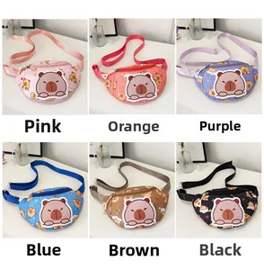Detailed grid showing six colorful cartoon capybara fanny packs for kids in various shades