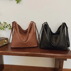 Minimalist large capacity faux leather tote bag in brown and black for daily commute